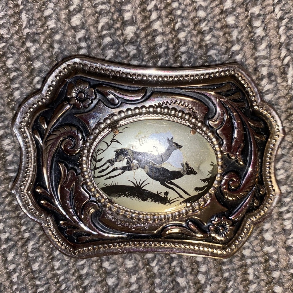 Two Running Deer Silver Ornate Detail Belt Buckle